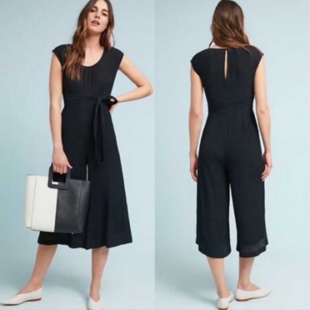 Anthropologie Black Abbey Wide Leg Crinkle Gauze Belted Cropped Jumpsuit Size 6